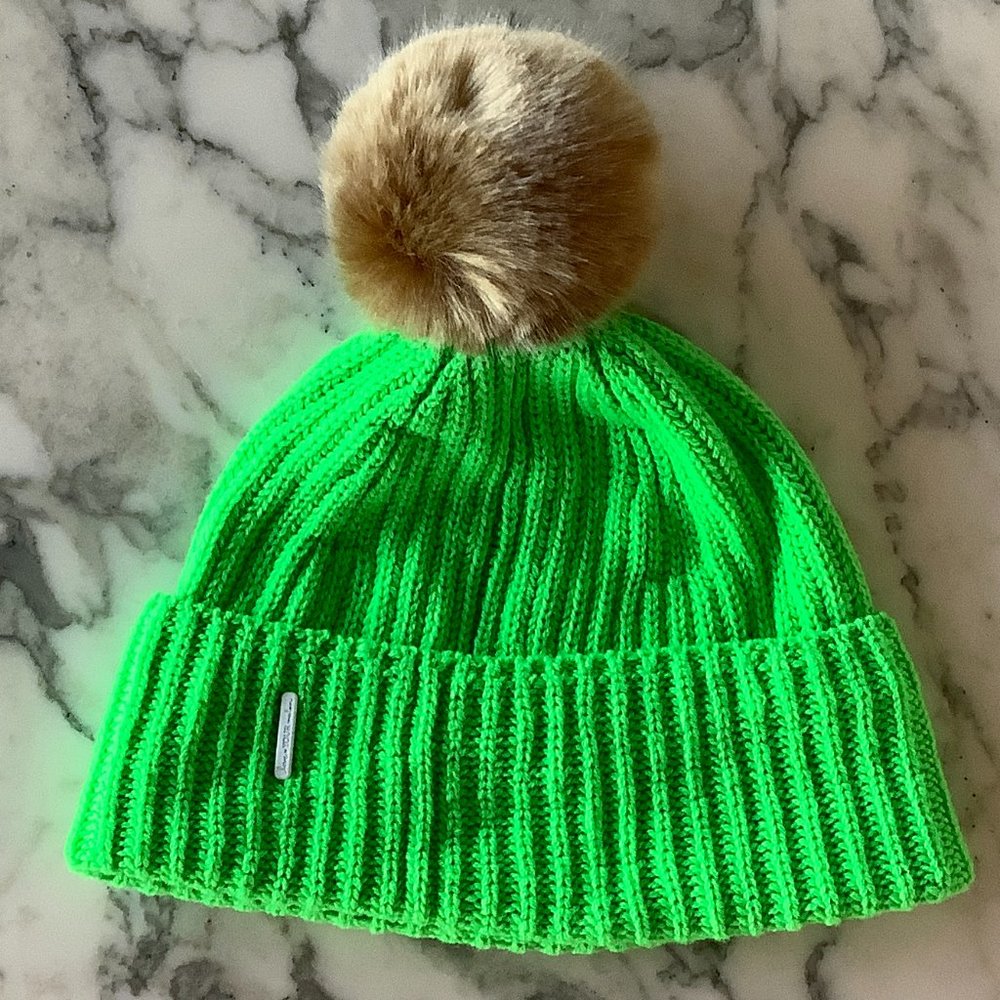 Cashmere Beanie Love Your Melon 100% Neon Apple Green w/ Snap Pom Pom